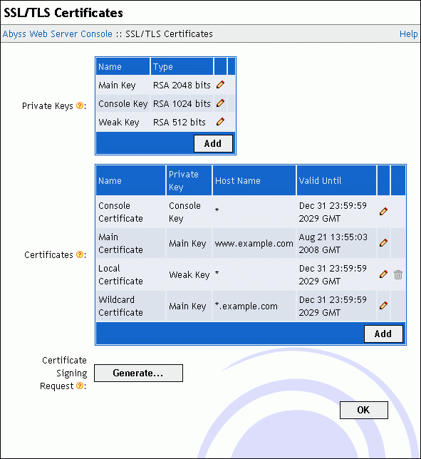 Certificates management dialog