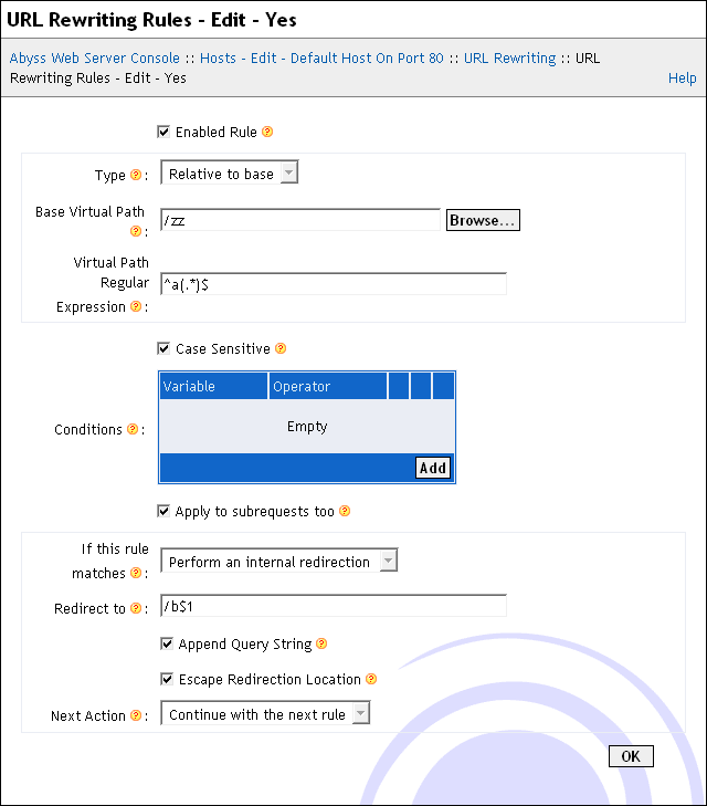 URL Rewriting Rule dialog