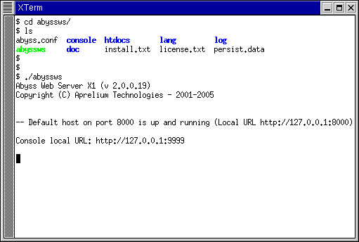 A terminal running Abyss Web Server