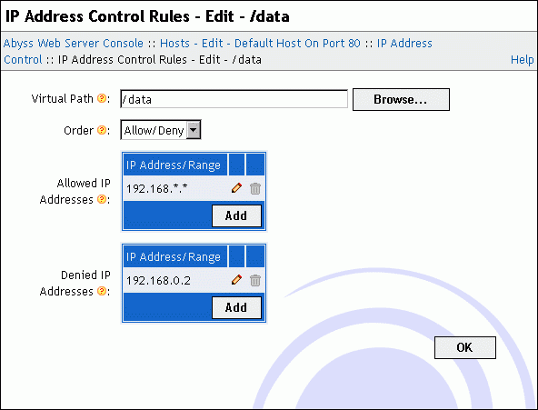 IP Address Control Rule dialog