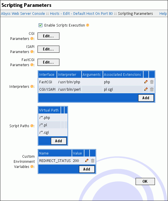 Scripting parameters dialog
